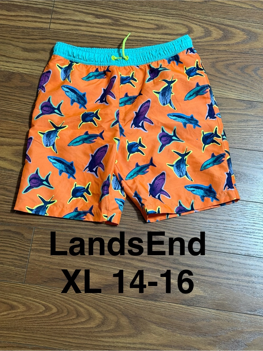 Lands' End Neon Orange Shark-Print Swim Trunks with Teal Waist